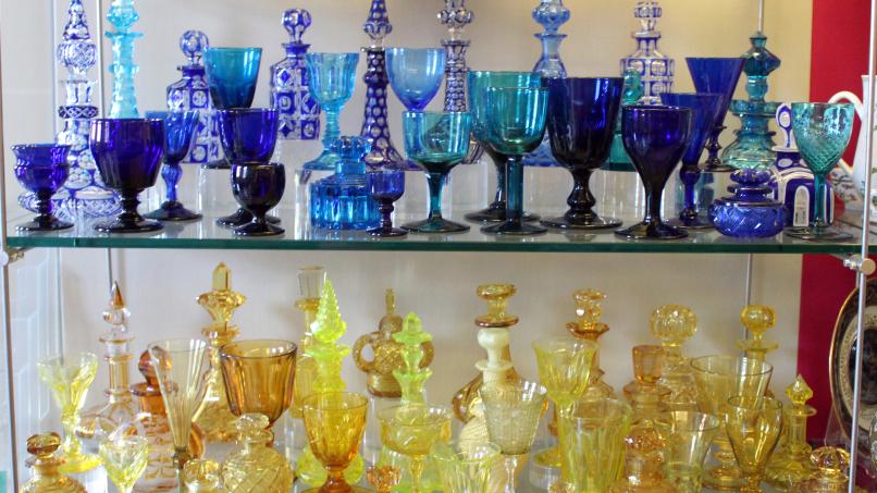 Image: A selection of Georgian blue and yellow coloured glass