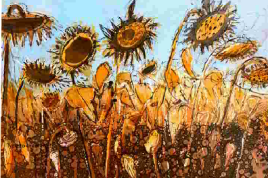 Howard Jeffs, End of Season Sunflower Field, monotype print