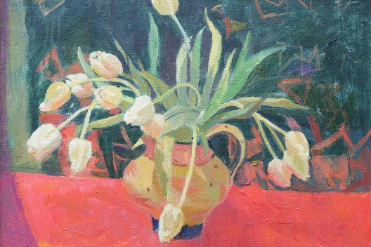 Thea Dupays, Tulips in a Yellow Jug, oil on canvas