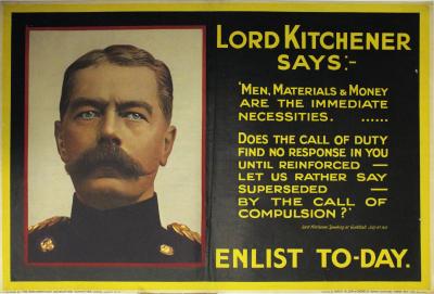 Lord Kitchener says enlist to-day, Bassano, 1915